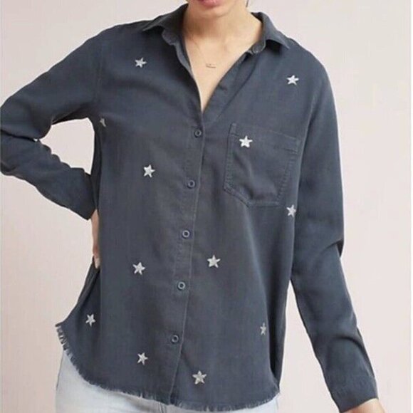 Cloth & Store Chambray Stargazer Dusty Navy and Silver Star Button Down Sz XS - Picture 1 of 13